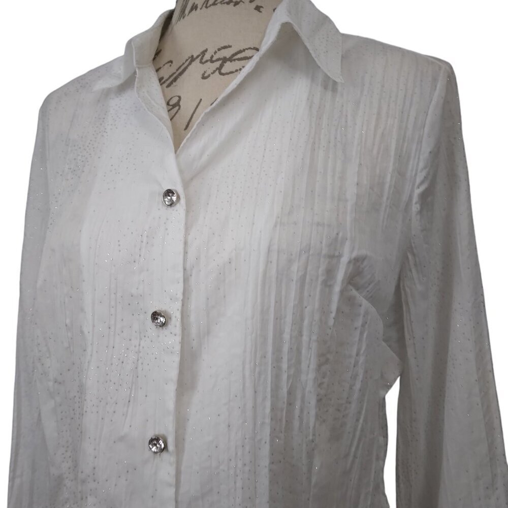 Vintage White Sparkle Crinkle Fabric Women’s Blouse | Size L